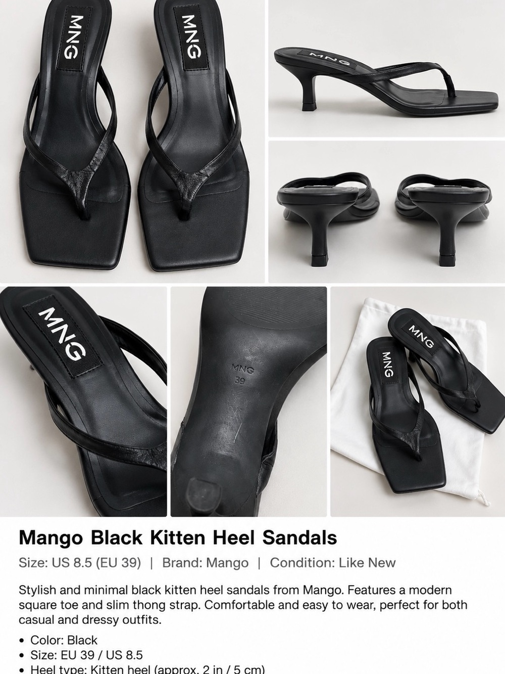 Mango Black Kitten Heel Thong Sandals – Size 39 / US 8.5